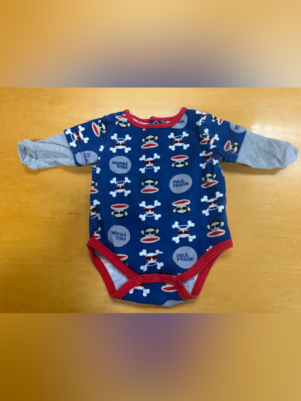 Paul Frank Navy Blue Monkey & Skull Print Long-Sleeve One-Piece with Red Trim